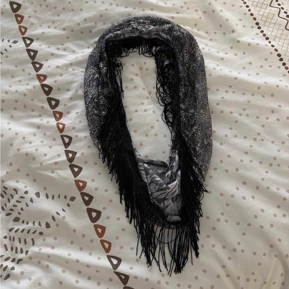 Black and Gray Fringe Scarf - Women's Accessory